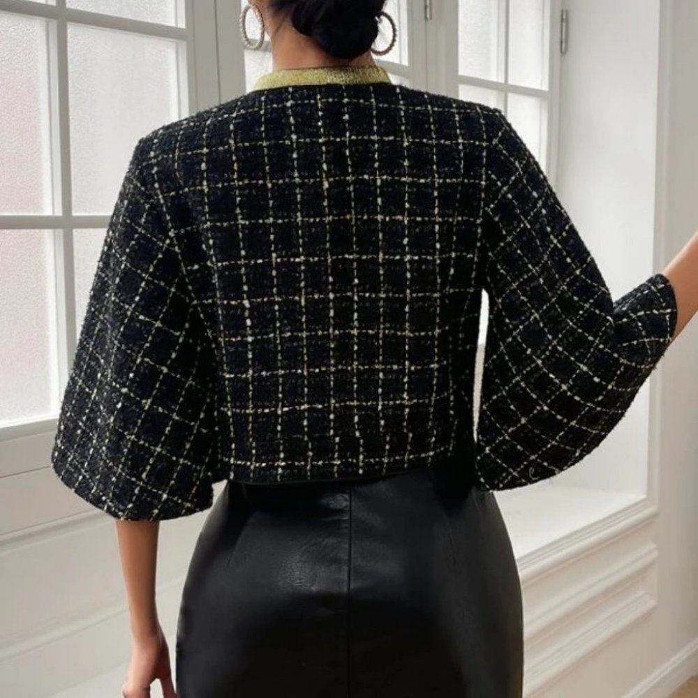 black Double Breasted Trim detailed Trumpet Sleeve Tweed Overcoat Jacket - Picture 5 of 6